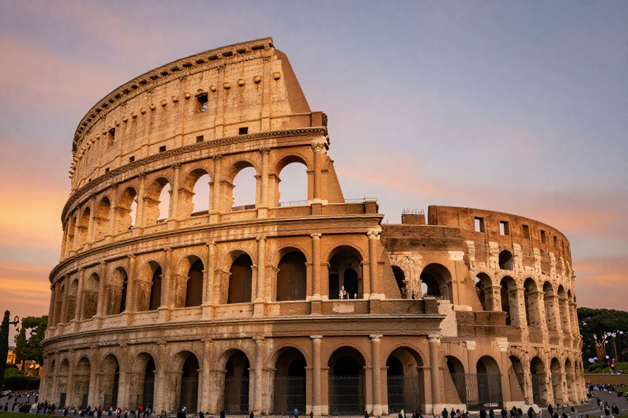 The Colosseum glowing under a golden Roman sunset