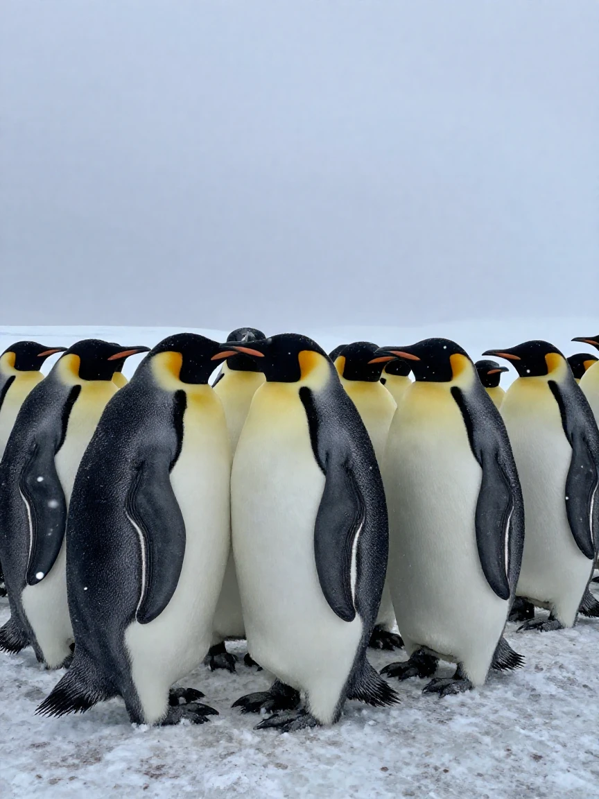A colony of penguins huddles together against a harsh polar wind.