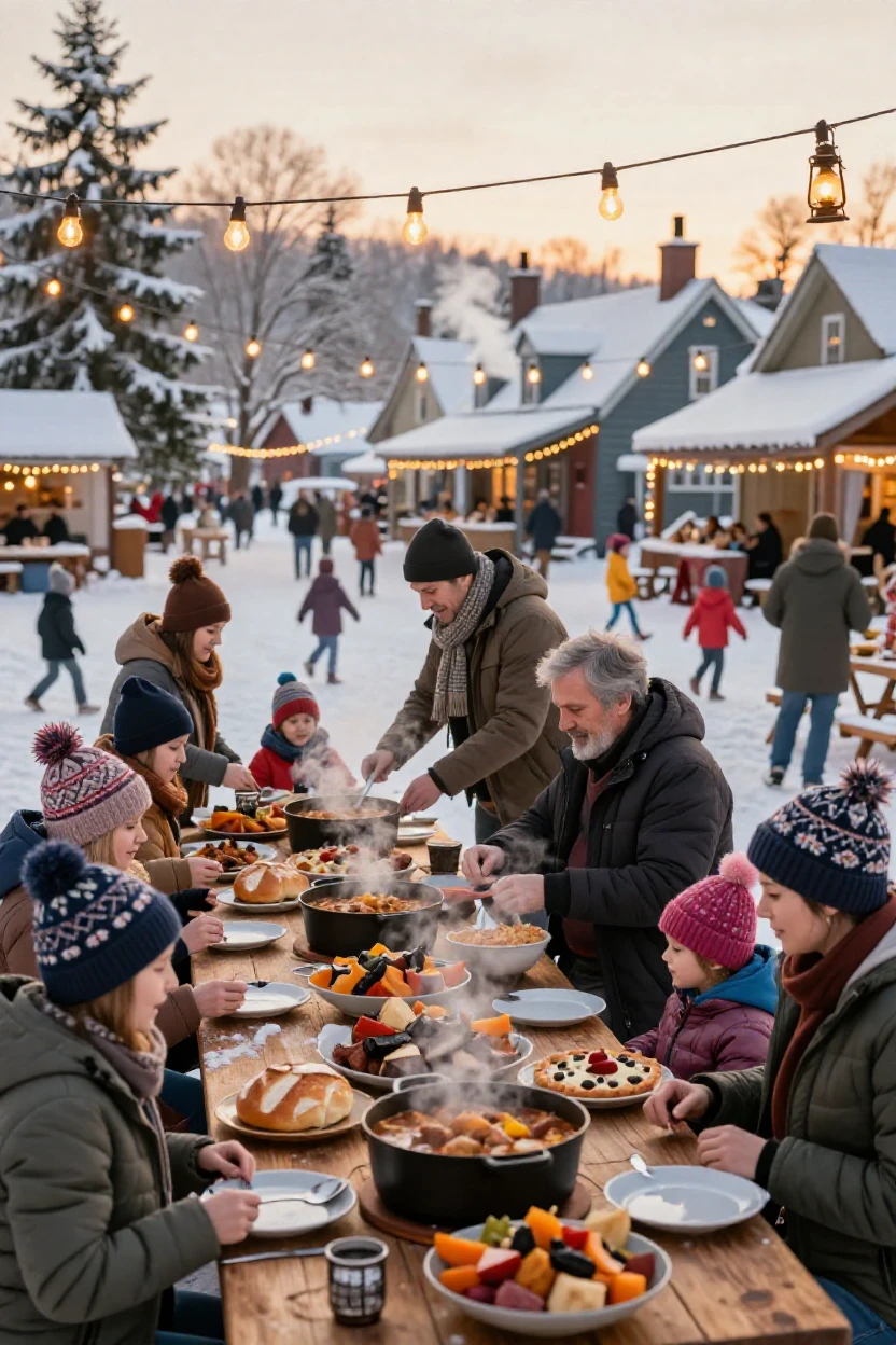 A community preparing traditional dishes for a big celebration in a snow-covered village square