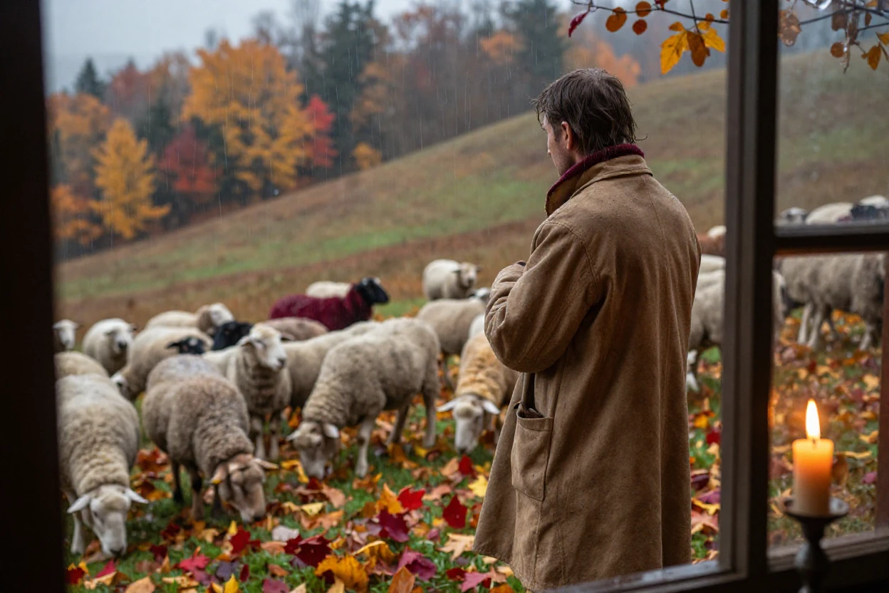 A shepherd wrapped in a thick coat, watching his flock on a hillside, under flickering candlelight, under a light drizzle, as autumn leaves turn gold and red, with rich burgundy and gold accents, through a rain-streaked window.