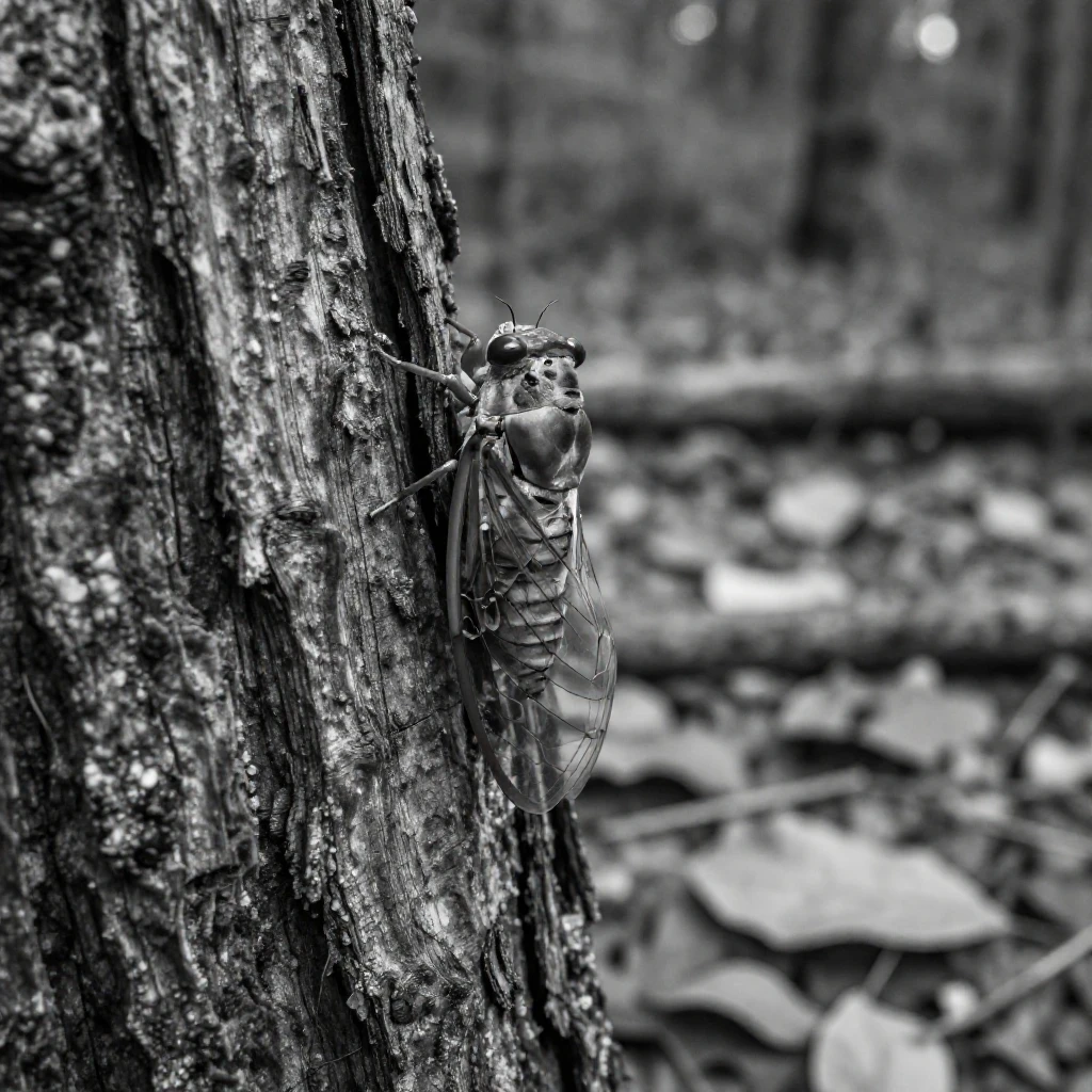 A cicada clings to the bark of an old tree along a forest floor.