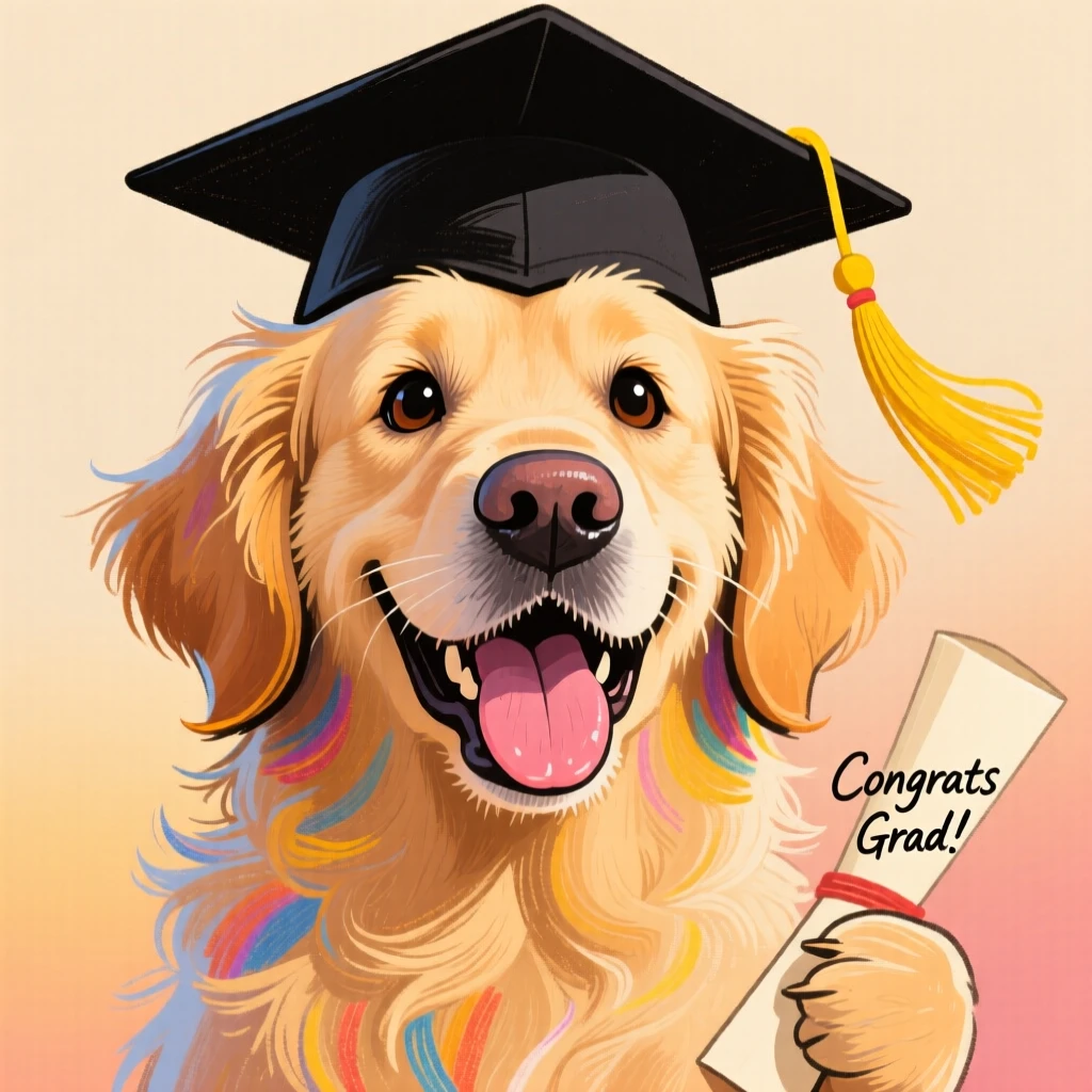 A fluffy golden retriever wearing a graduation cap, tongue lolling out happily.