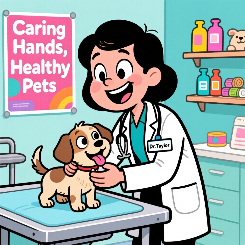 A vibrant profession-themed portrait of a passionate veterinarian gently examining a wiggly puppy on an exam table.