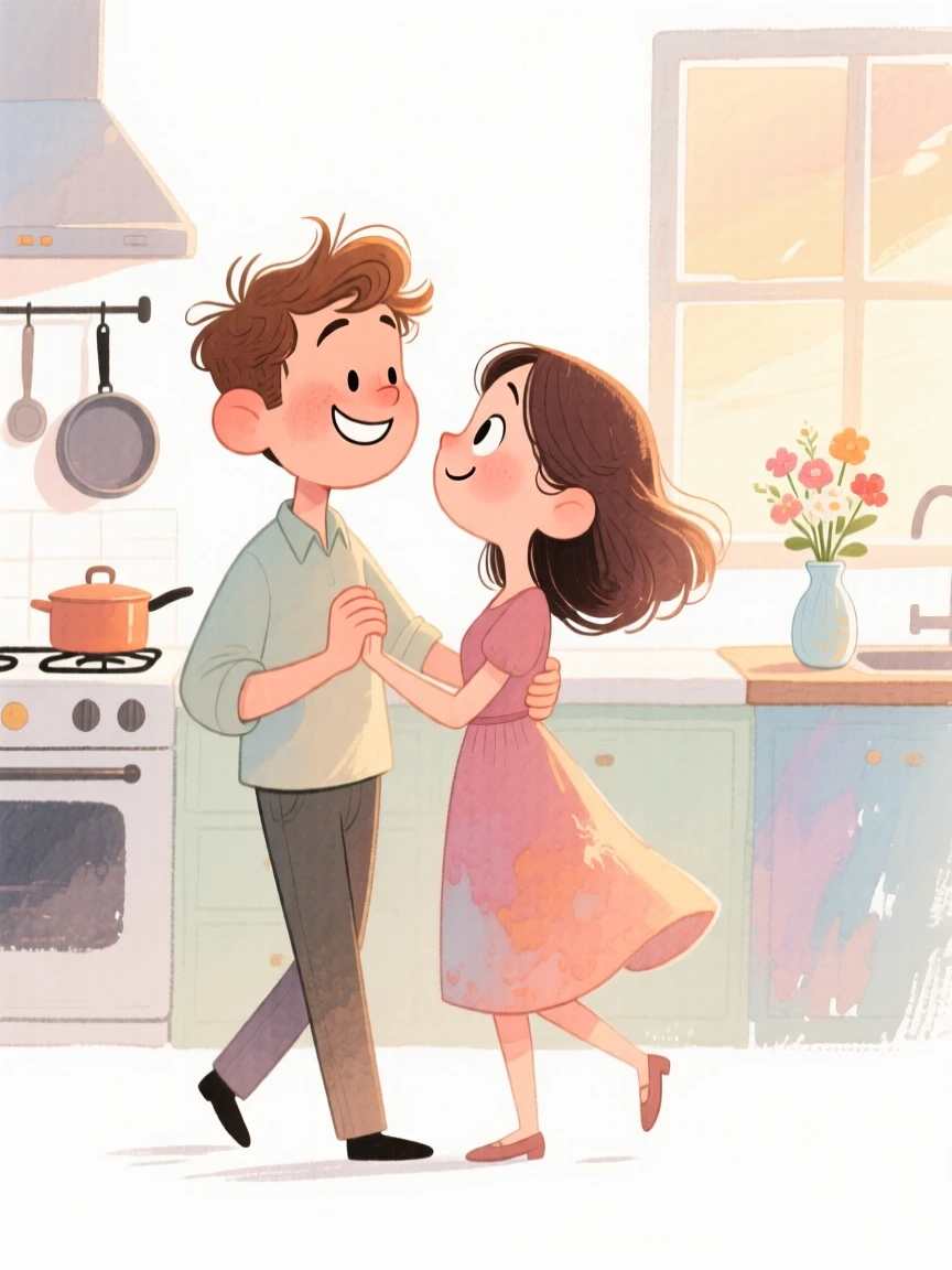 A couple reuniting after time apart slow dancing in a softly lit kitchen