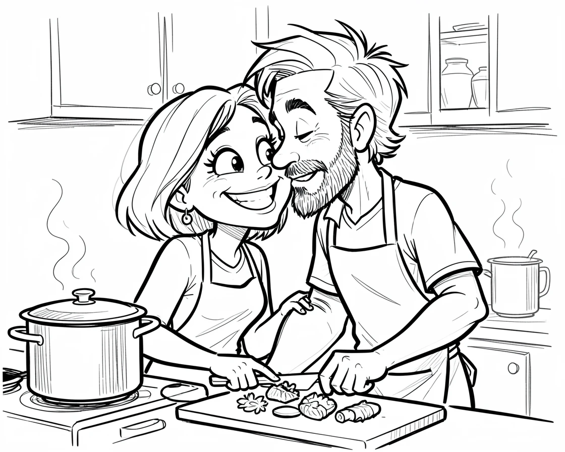 [Family & Relationship Moments] Heartwarming scene of a couple cooking dinner together, sneaking playful kisses, radiating love and warmth