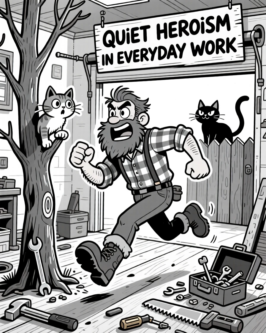 A rugged lumberjack with a bushy beard, sprinting toward a tiny kitten stuck in a tree, set in a garage full of scattered tools. A curious neighborhood cat watches from a fence. The scene celebrates the quiet heroism of everyday work.