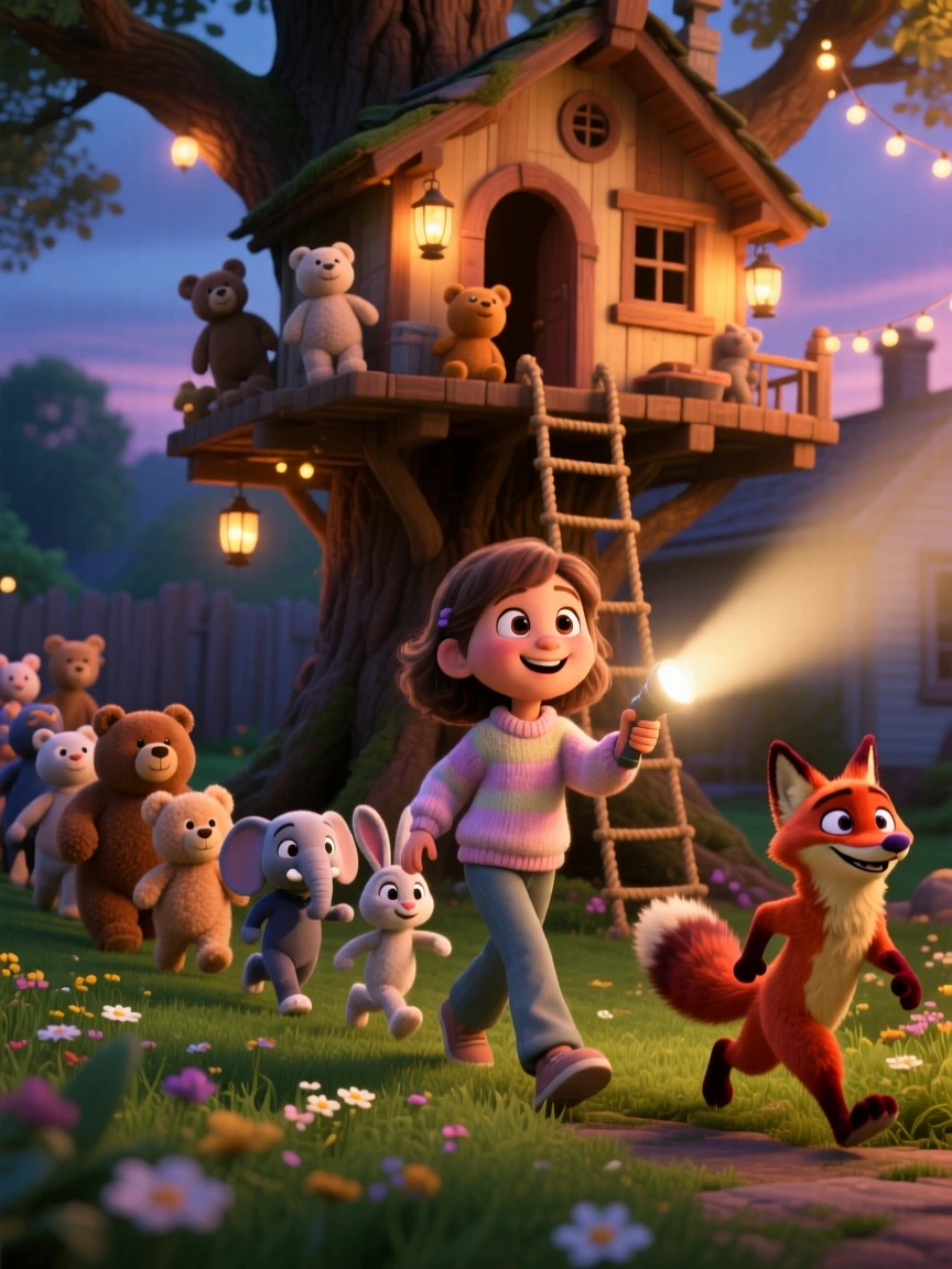 A girl leading her stuffed animals on a parade takes place beside a treehouse strung with rope ladders, with a flashlight casting playful shadows. A lighthearted sense of discovery colors the moment.