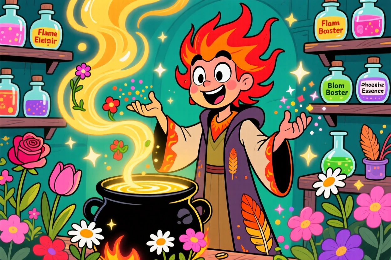 A phoenix keeper brewing a potion that makes flowers bloom instantly.