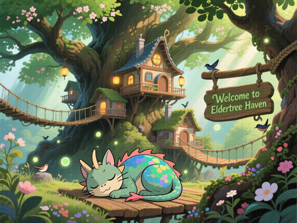 A village built inside the branches of an enormous tree, where a small dragon curled up like a cat can be seen nearby, the atmosphere quietly enchanting.