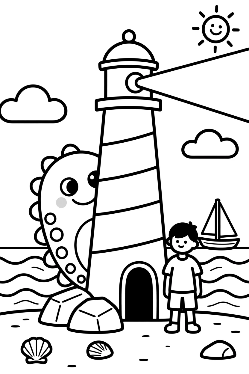 A friendly sea monster peeking out from behind a lighthouse