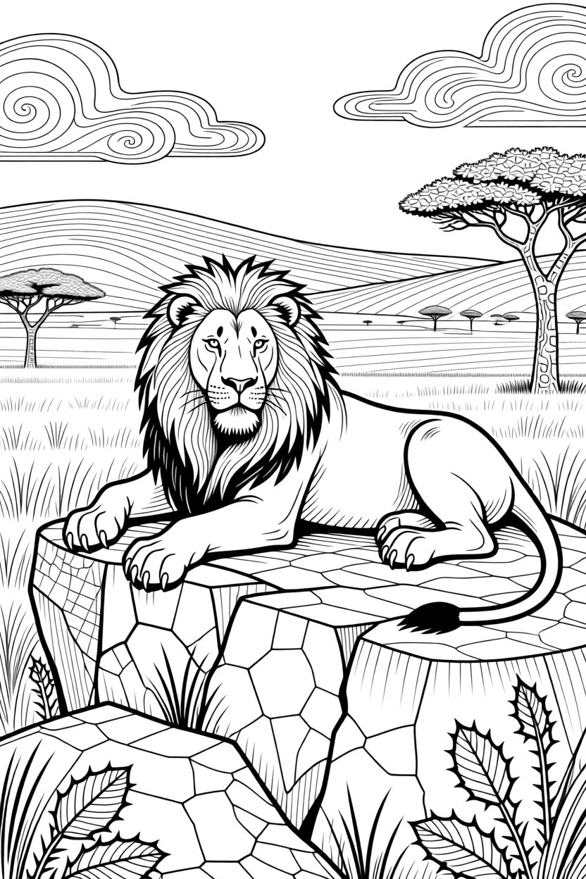 A majestic lion resting on a rocky outcrop overlooking the savanna.