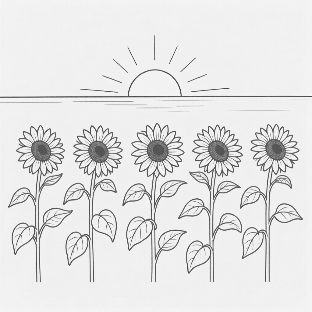 A row of sunflowers facing a rising sun