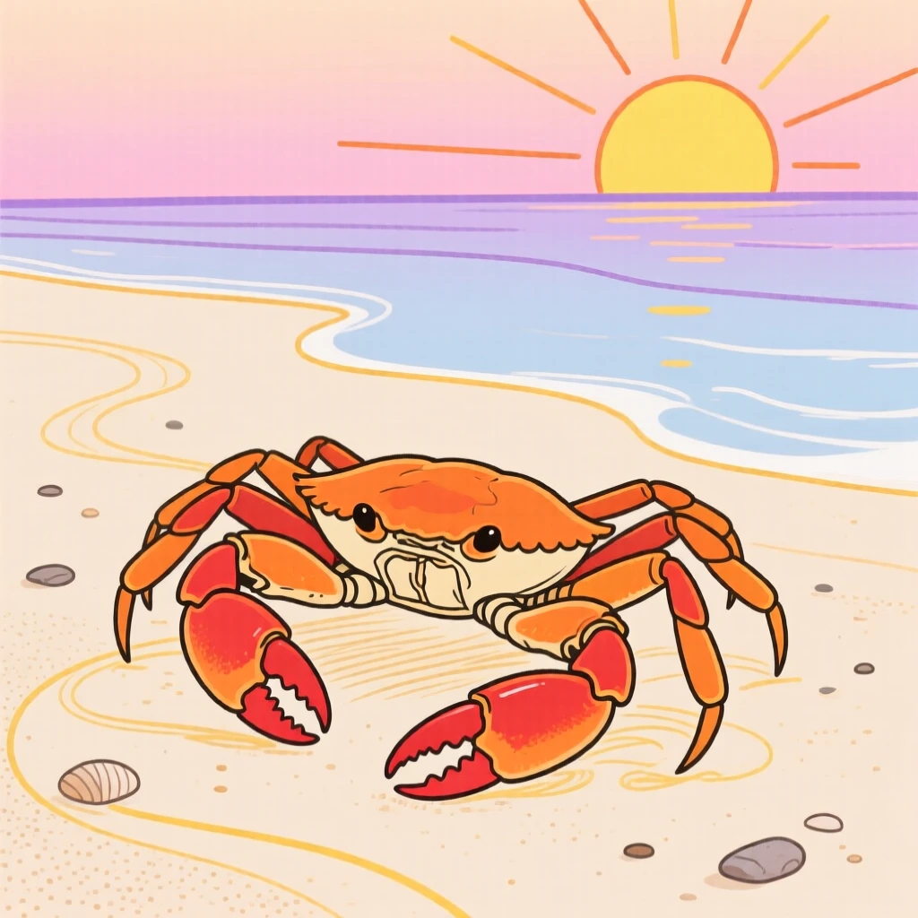 A crab scuttling across a sandy beach at sunset.