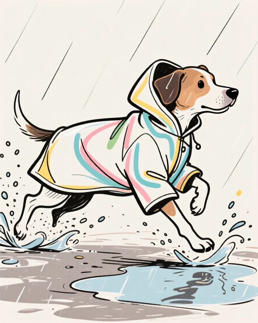 A dog wearing a raincoat splashing through puddles on a walk.