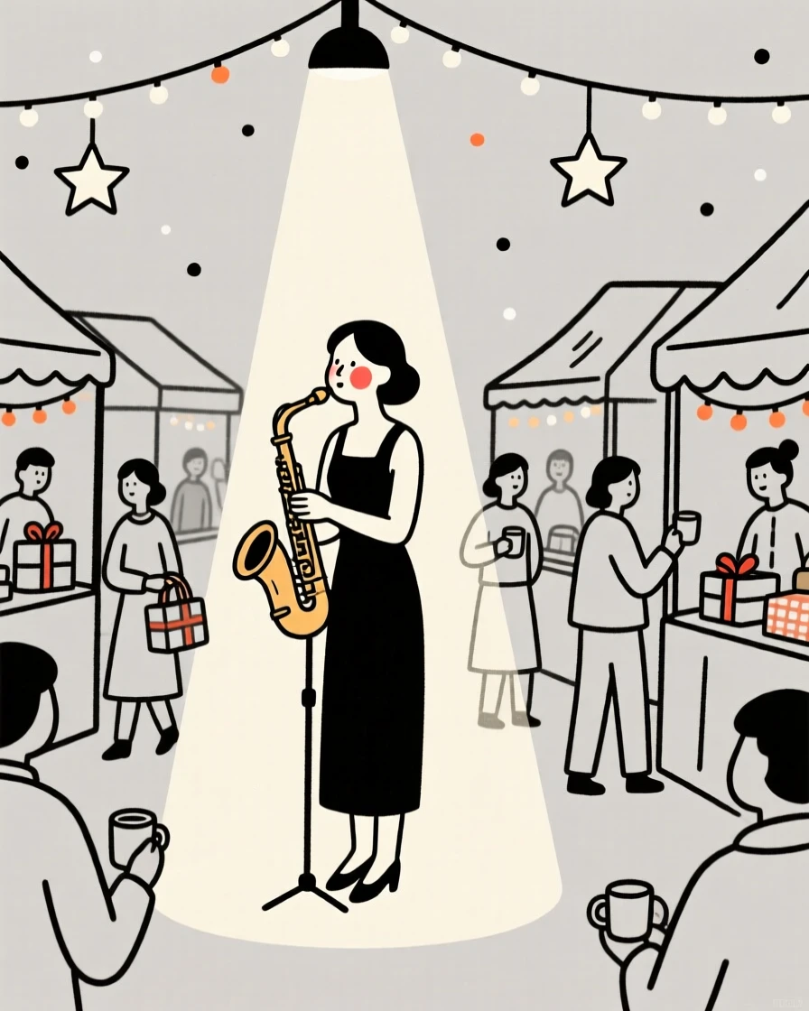 A jazz singer under a spotlight, radiating quiet confidence, at a bustling holiday market.
