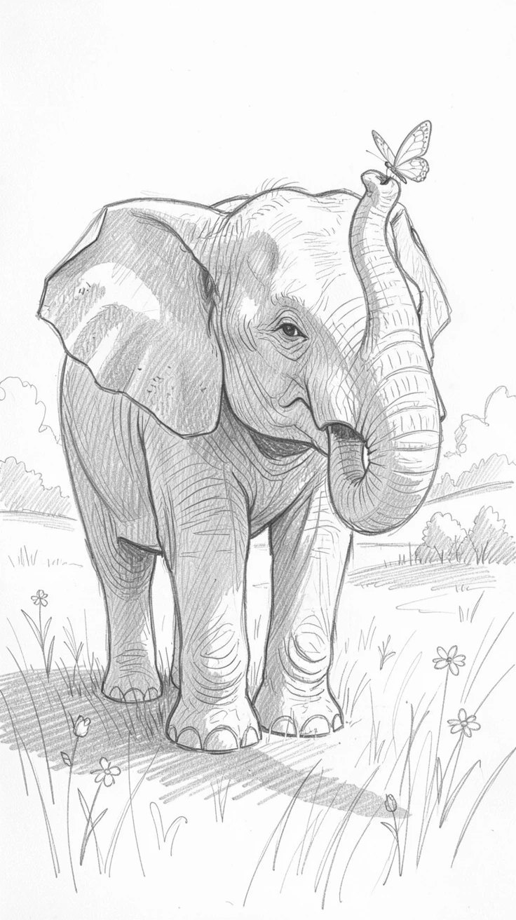 A heartwarming scene of a wise old elephant playing in a sunlit meadow, with a butterfly resting on its nose.