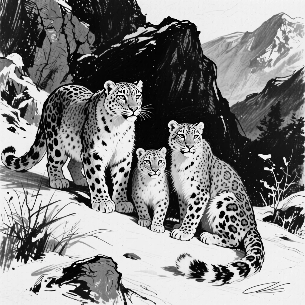 A snow leopard gathered together as a family in their natural habitat.