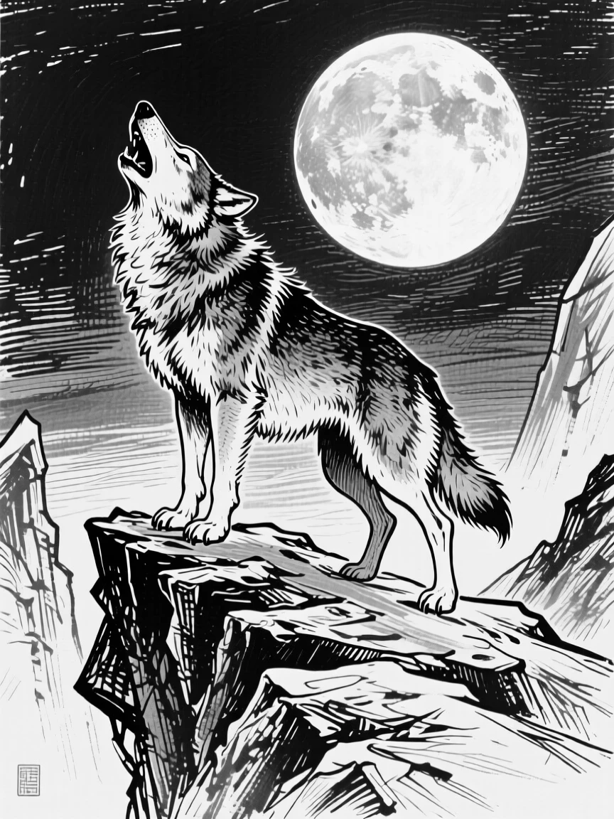A wolf howling atop a rocky cliff beneath a full moon.