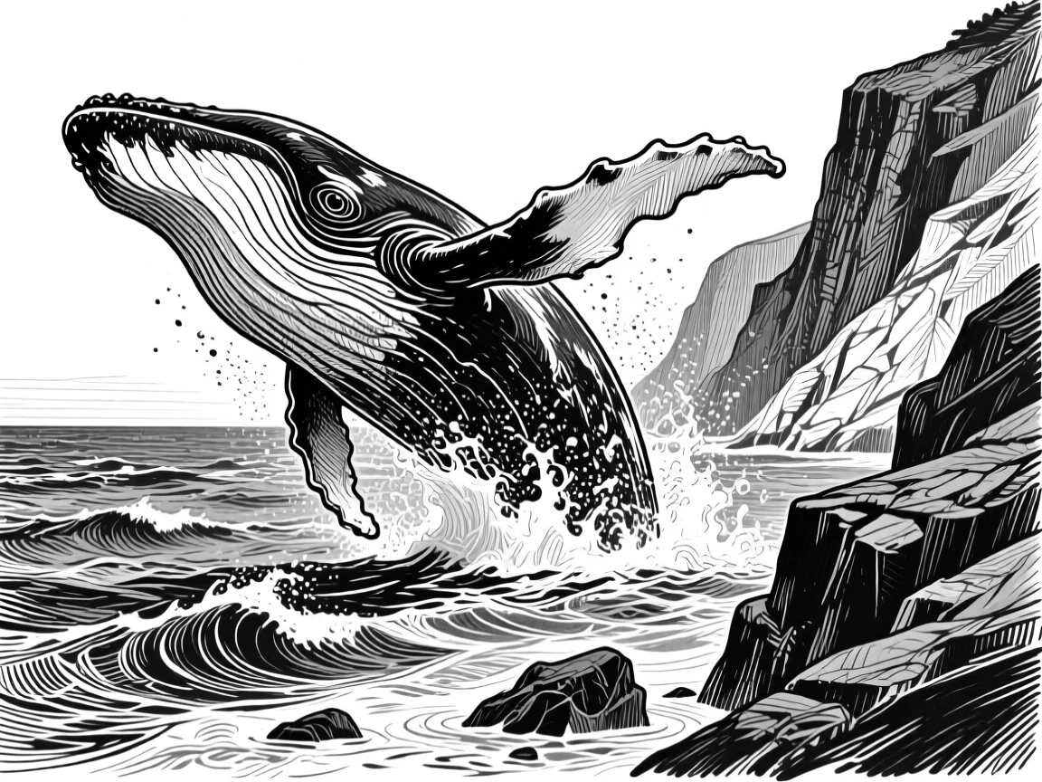 A whale breaching the surface along a rocky coastline, eyes alert and watchful, capturing a wild and free moment in nature with a strong, centered focal point.