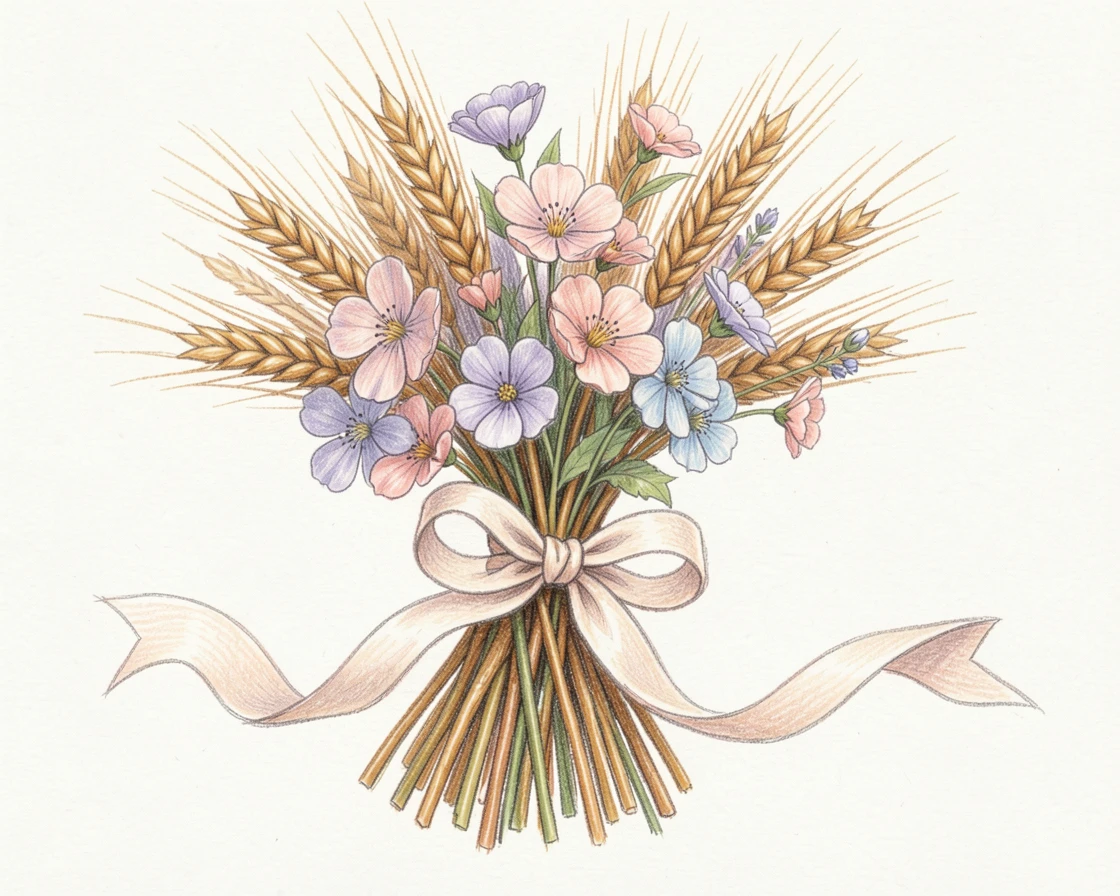 A bundle of dried wheat and wildflowers tied with ribbon, with delicate petals catching gentle morning light, designed to feel fresh, romantic, and giftable.