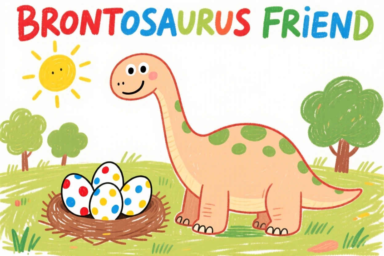 A gentle long-necked brontosaurus near a nest of speckled eggs in a warm clearing.