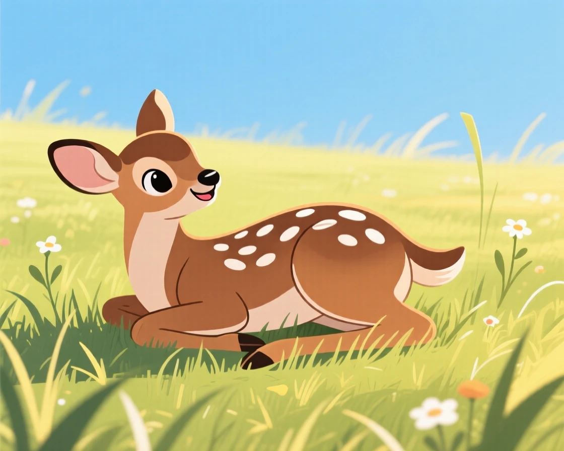 A playful fawn rolling in the grass in a sunny meadow.