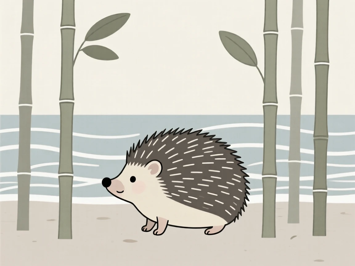 A hedgehog pausing to look around in a bamboo grove, near gentle ocean waves, giving off a sense of gentle curiosity.