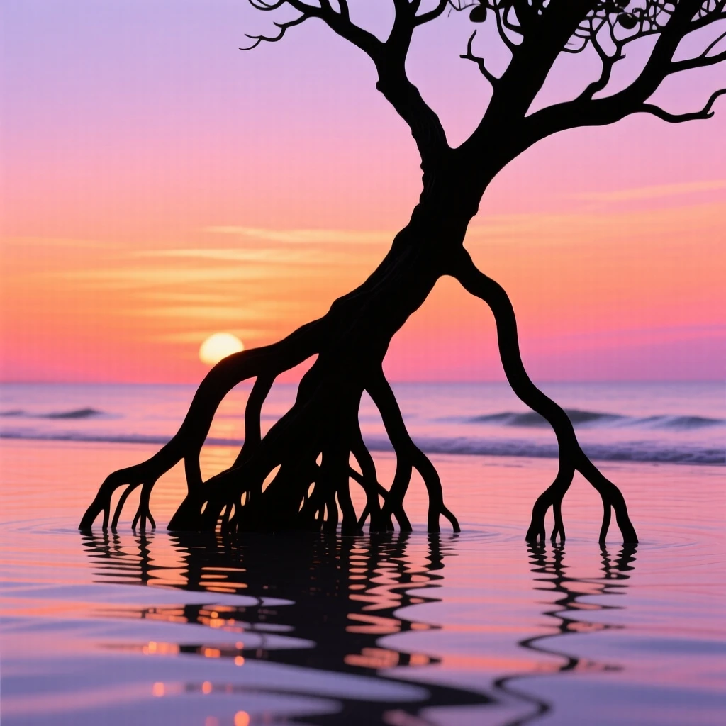 Twisted mangrove roots rising from calm coastal shallows.