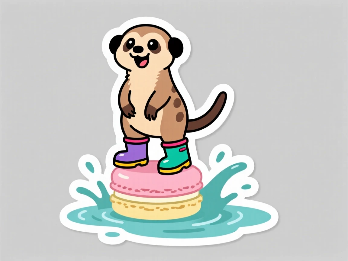 A giggling curious meerkat splashing in a puddle wearing tiny boots, on top of a stack of pastel macarons.