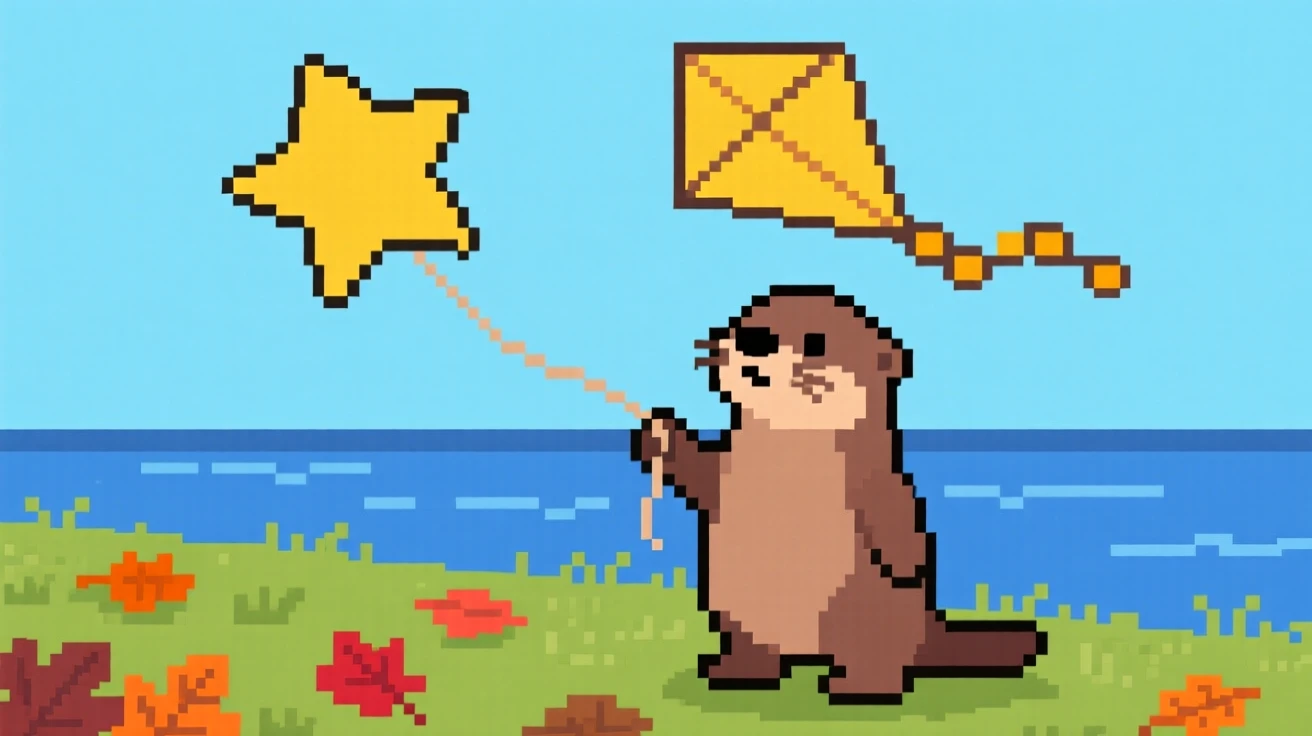 A young otter flying a kite shaped like a star, on a riverbank scattered with fallen leaves.