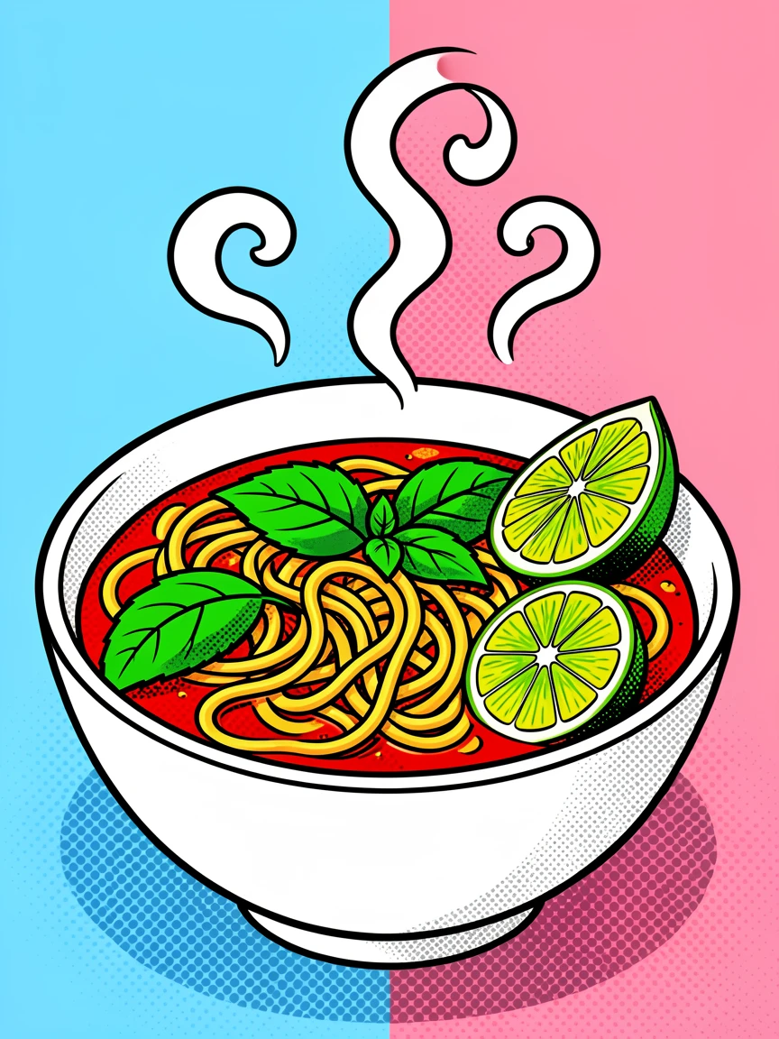 A steaming bowl of pho garnished with fresh basil and lime