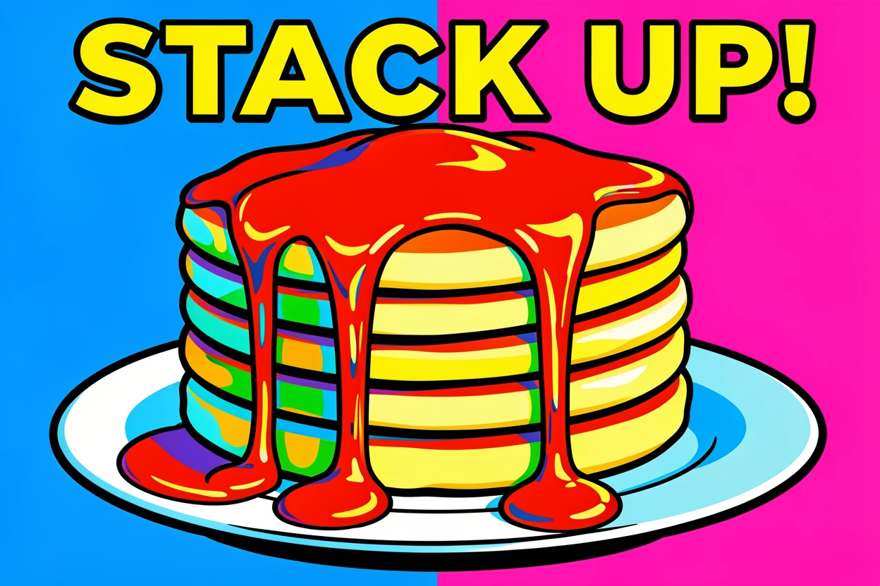 Stack of glossy pancakes dripping with maple syrup