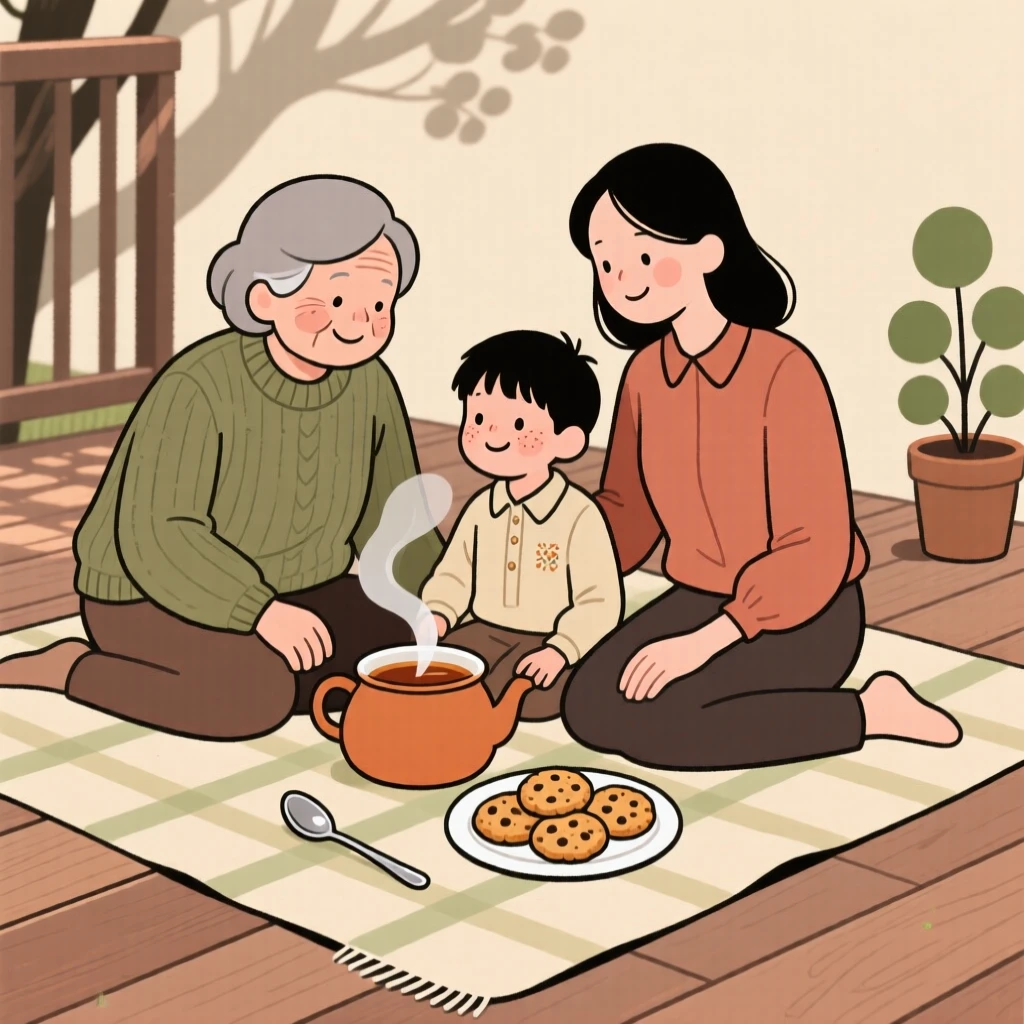 Three generations of a family gather around a picnic blanket in the backyard patio, sharing a pot of tea and cookies and stories as the afternoon sun warms the room.