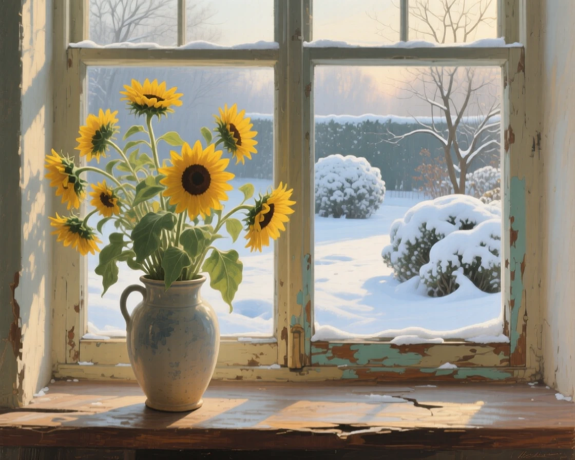 A balanced composition of a vase of sunflowers on a windowsill overlooking a garden, under a fresh blanket of winter snow, just after sunrise.
