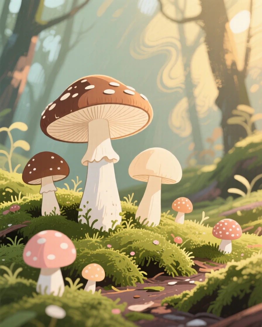 A mossy forest floor scattered with wild mushrooms