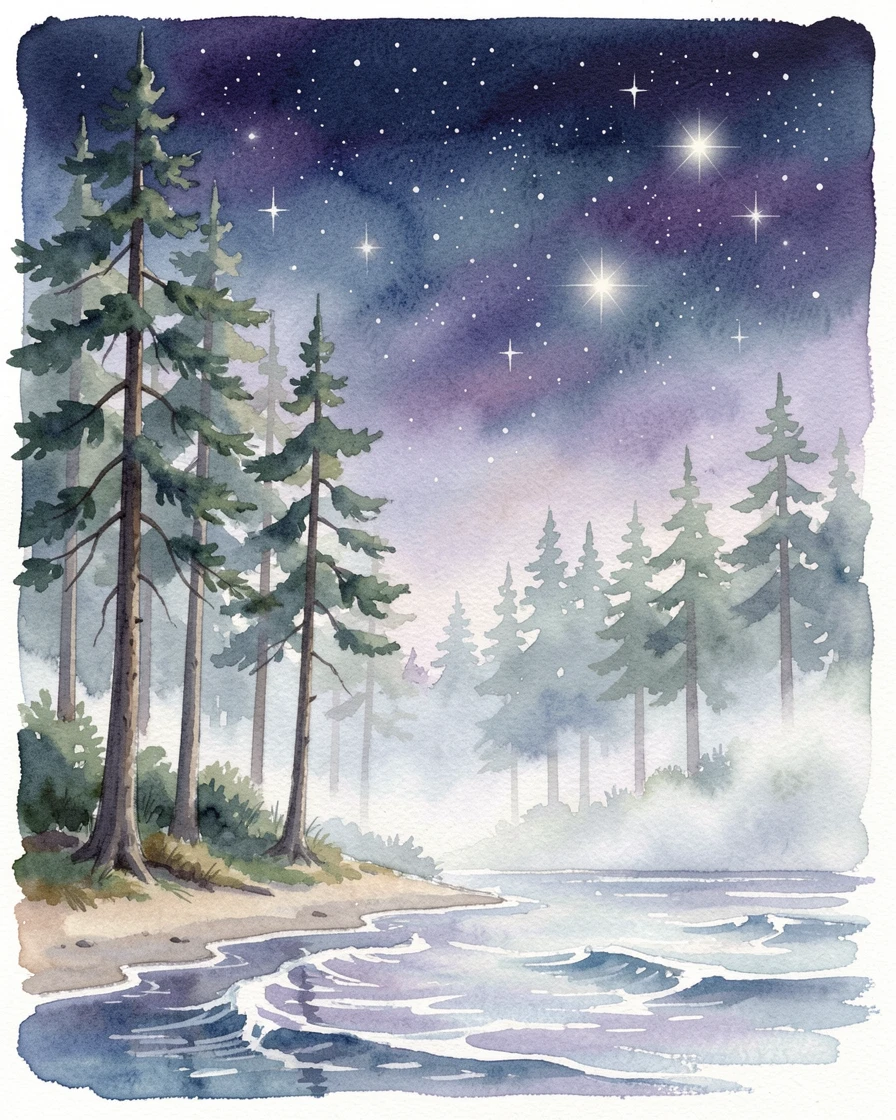A misty pine forest under a starry night sky with gentle waves lapping the shore.