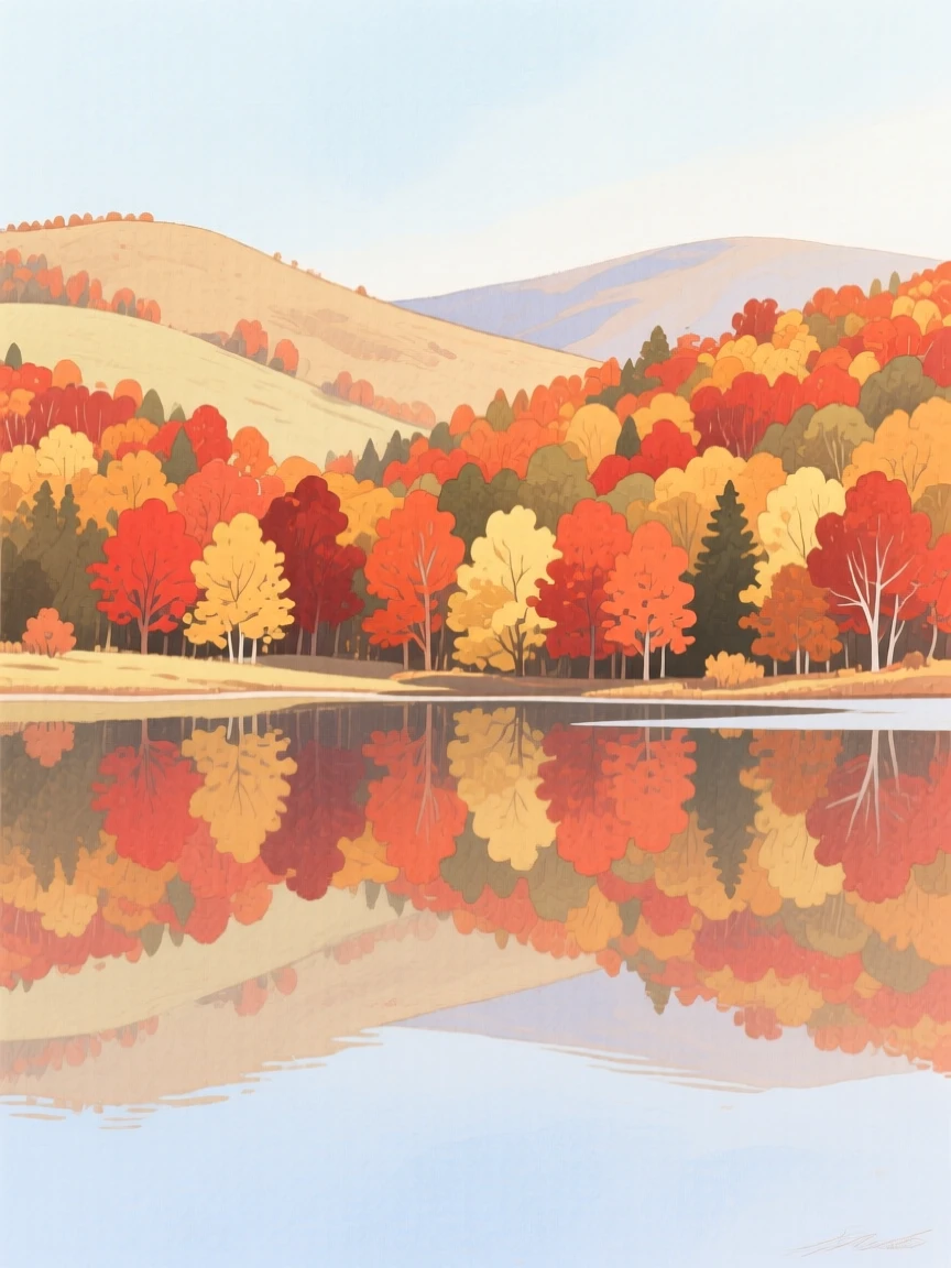 Rolling autumn hills covered in red and gold trees surround a quiet lake reflecting the colorful foliage perfectly