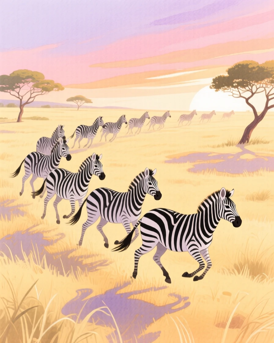 A zebra herd galloping across the savanna at dawn, captured in a moment of quiet wonder.