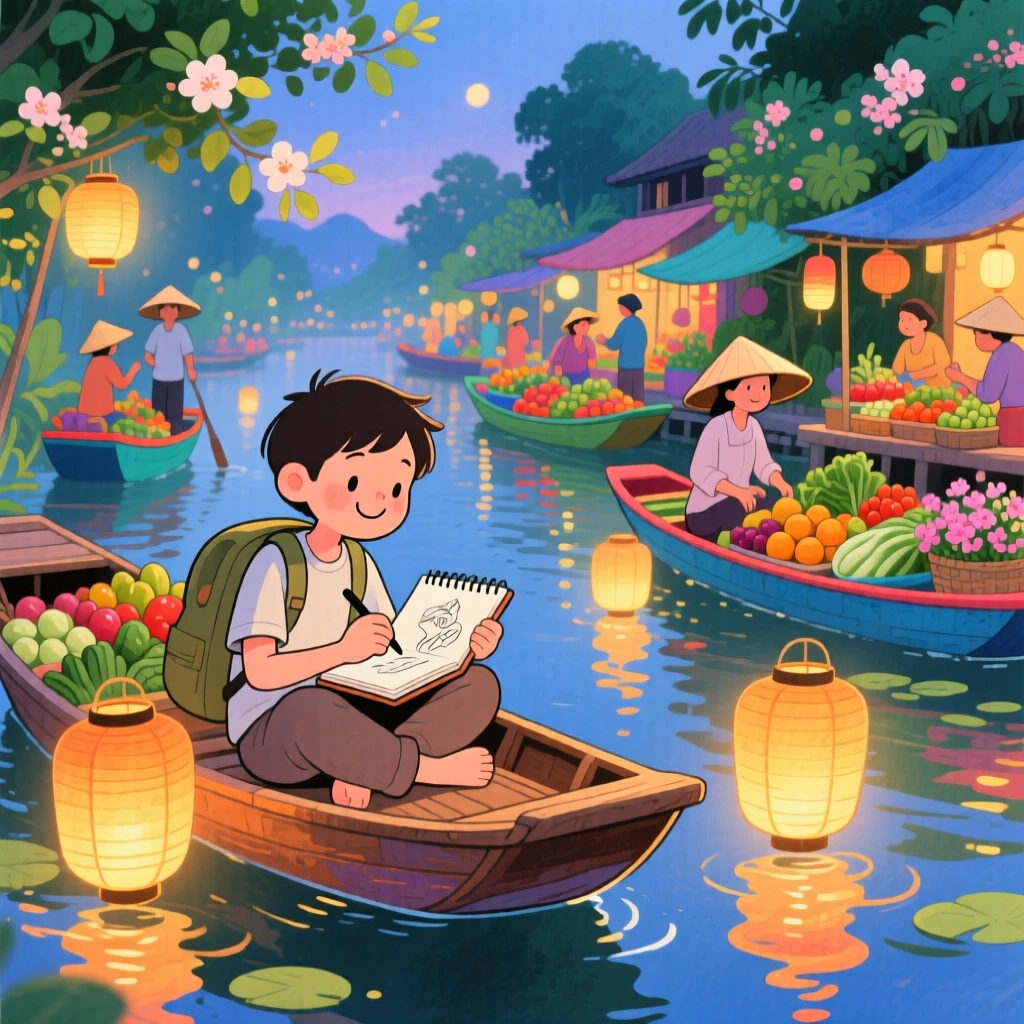 A solo traveler sits sketching in a small notebook amid the glowing lanterns of a floating market in Vietnam, radiating cultural warmth and beauty.