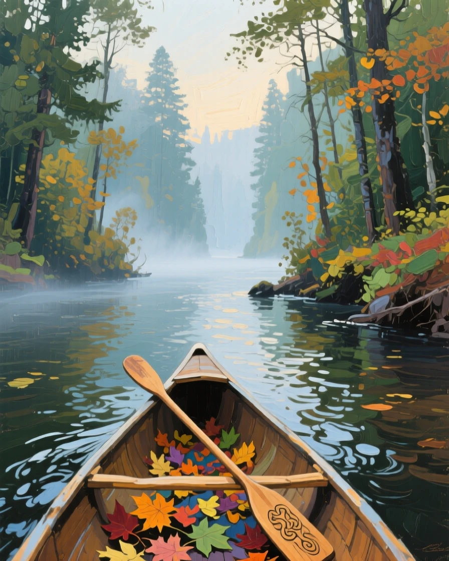 a canoe drifting through a misty forest river, in early morning mist, with a clear foreground, subject, and distant setting.