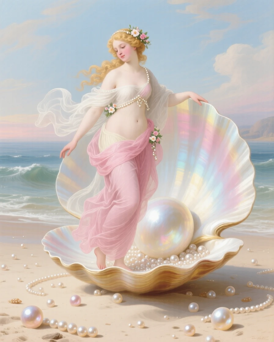 Venus stepping from a seashell onto a shore scattered with pearls  