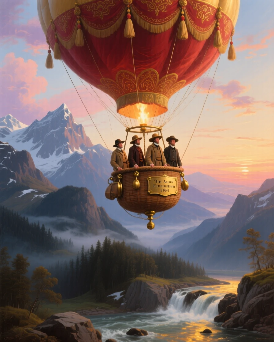 A hot air balloon carries explorers over an uncharted mountain range.