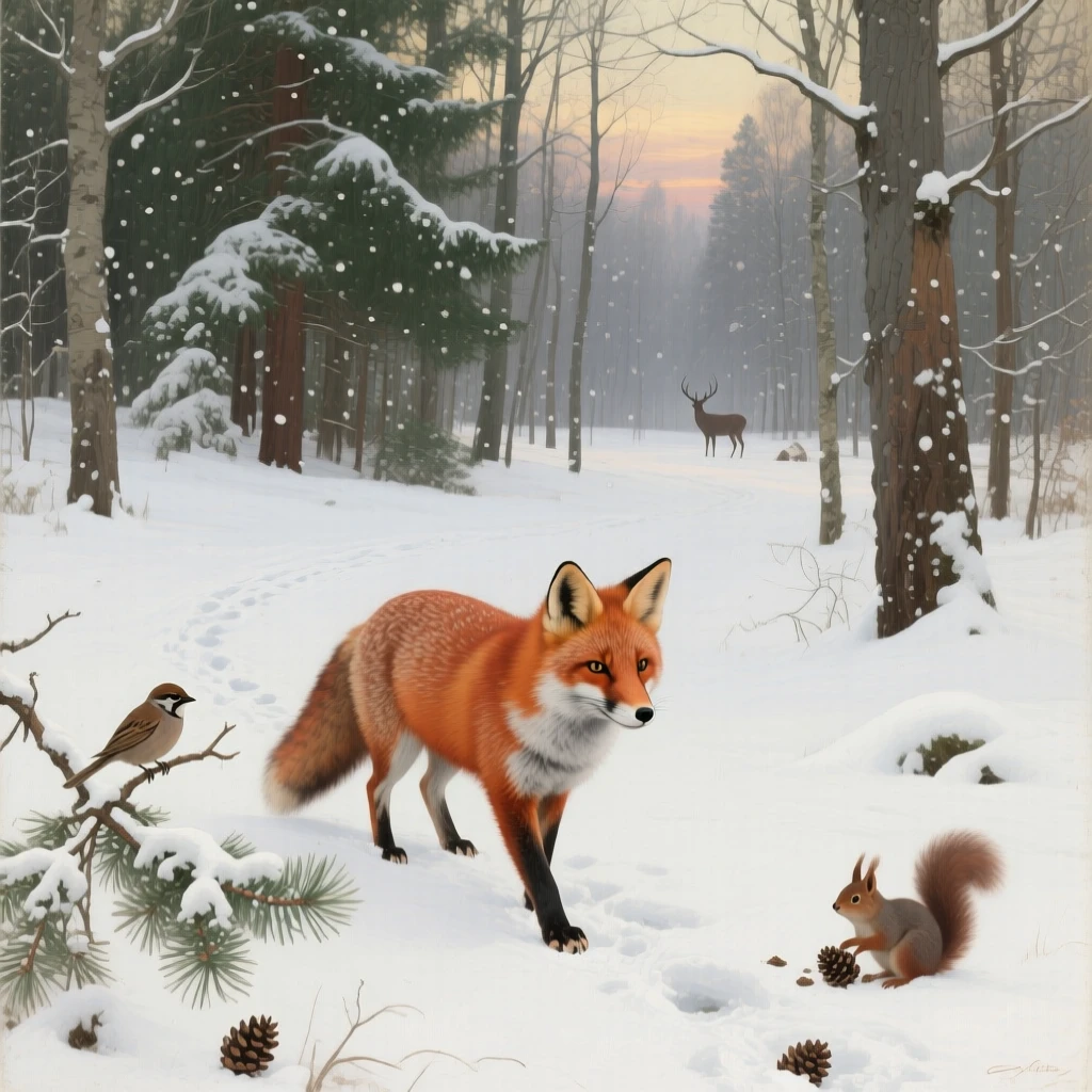 A red fox padding through a freshly snow-covered forest, as the surrounding wildlife goes on undisturbed, showing the animal in its truest, most authentic element