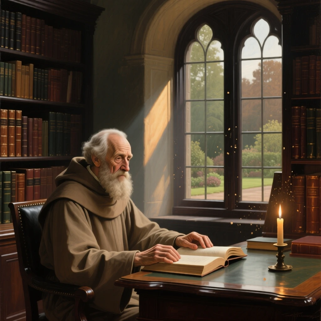 An elderly scholar surrounded by leather-bound books and candlelight lost entirely in private thought, set beside a tall arched window overlooking a garden, with dust motes drifting visibly in a beam of window light; the pose is turned gently off-center for a natural, candid feel, suggesting a private world just glimpsed by the viewer.