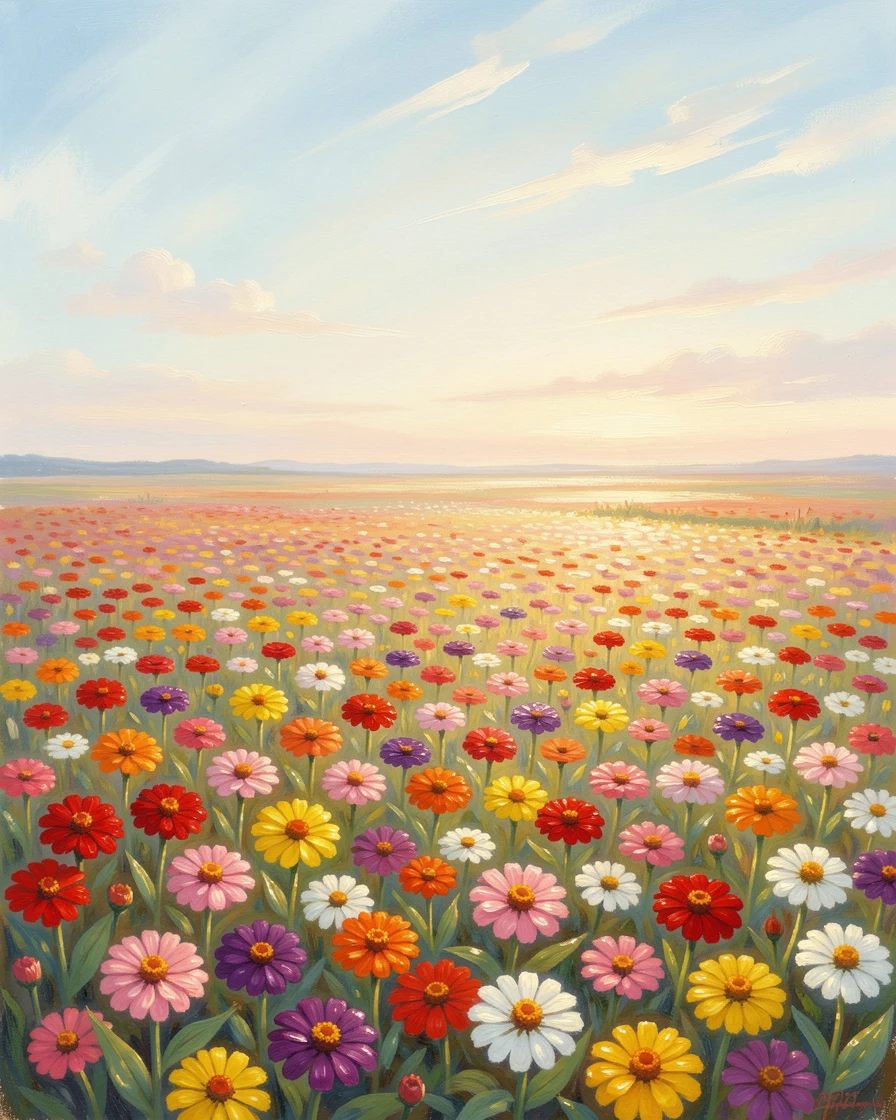 A field of blooming zinnias in a rainbow of colors beneath a wide summer sky.
