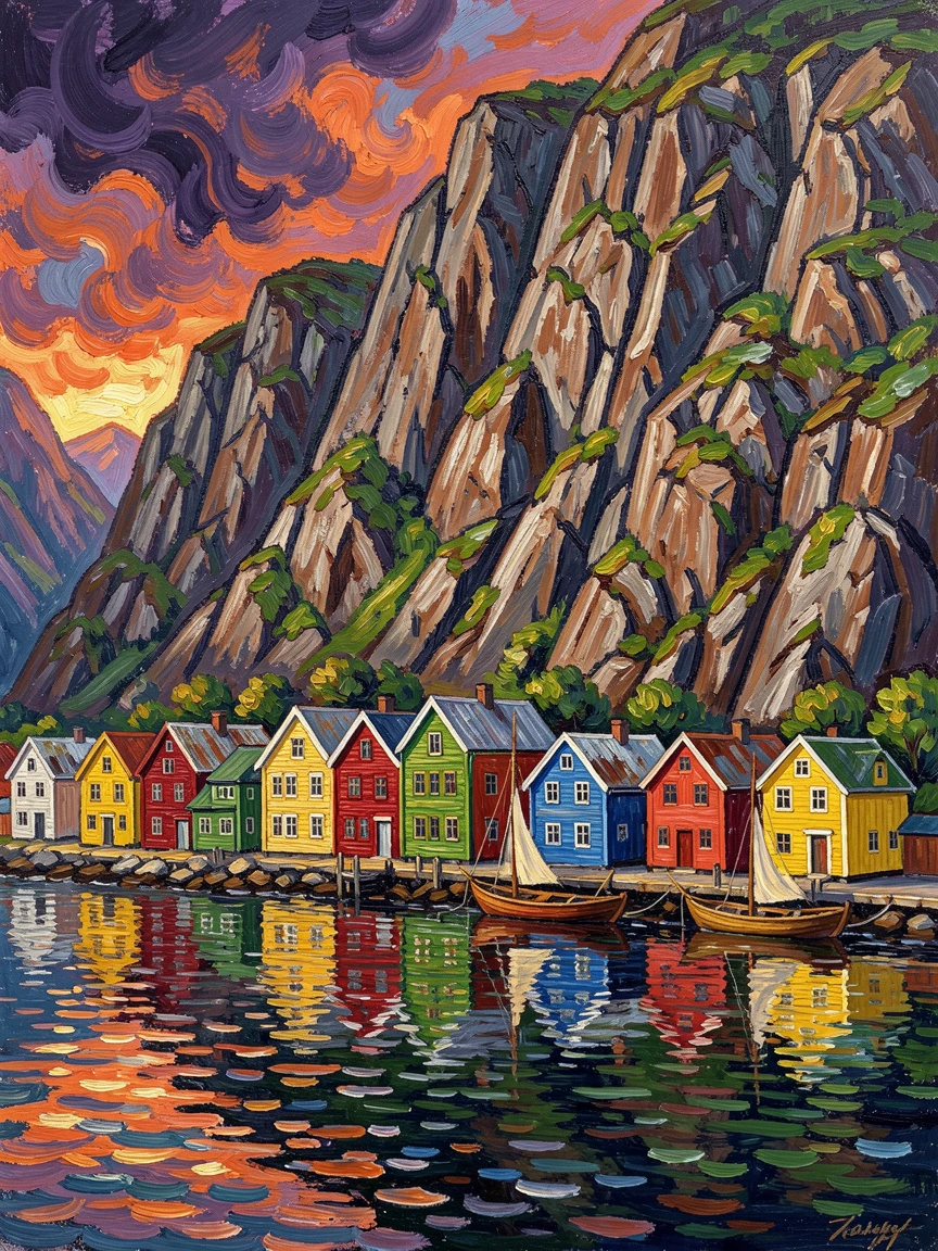 A remote fjord village with colorful houses clustered beneath towering cliffs.