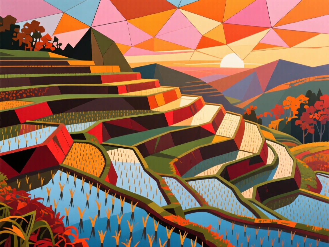 A candid medium shot of a terraced rice paddy at first light, during vibrant autumn.