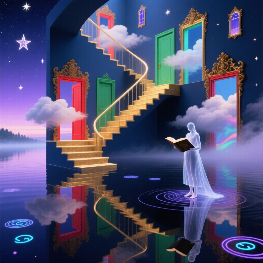 A stairway that folds back on itself endlessly hovers just above a mirror-still lake, as clouds pass slowly through its open doorways.