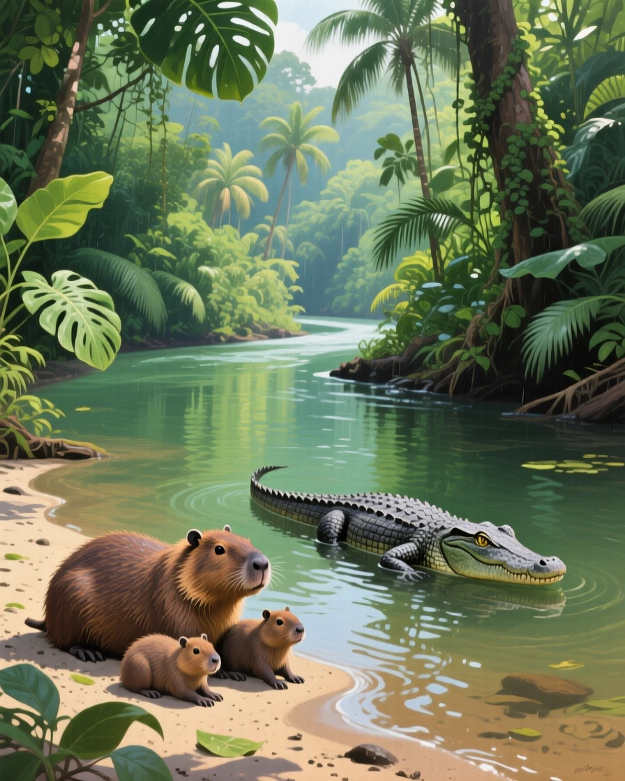 A tropical river in Costa Rica winds through dense rainforest, a family of capybaras resting on a sandy bank, a crocodile floating motionless nearby, the composition balancing a wide sweeping view with intimate, carefully observed foreground detail.