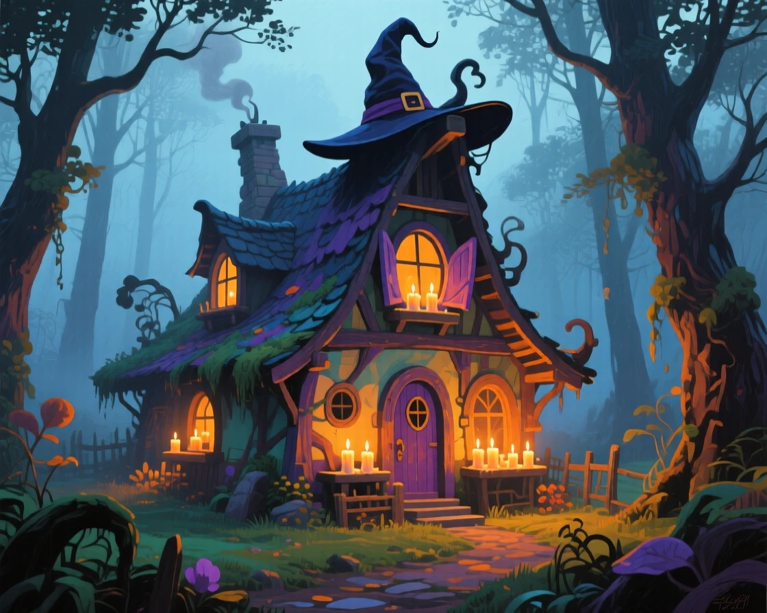 A witch's cottage nestled deep in a foggy forest, warm candlelight glowing from crooked windows
